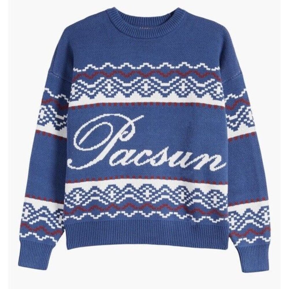 Pacsun Pullover Sweater Men Blue Fair Isle Cotton Acrylic Blend Spellout NEW M‎